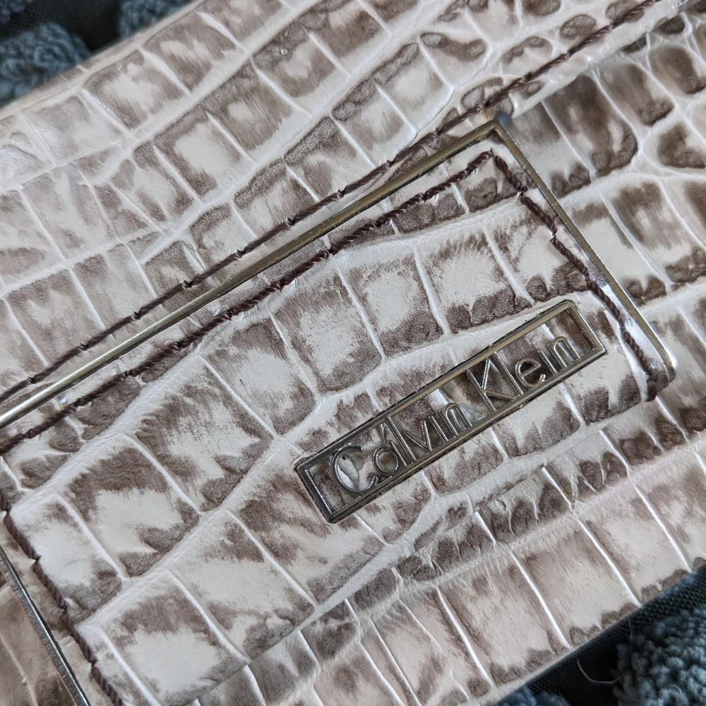 Calvin Klein Cream Croc-Embossed Leather Clutch